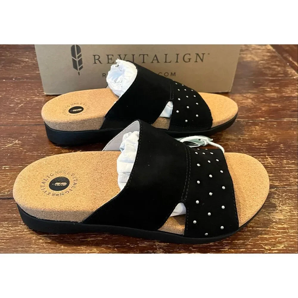 REVITALIGN Women's Lucy Stud Slide Sandal, Black, 5.5